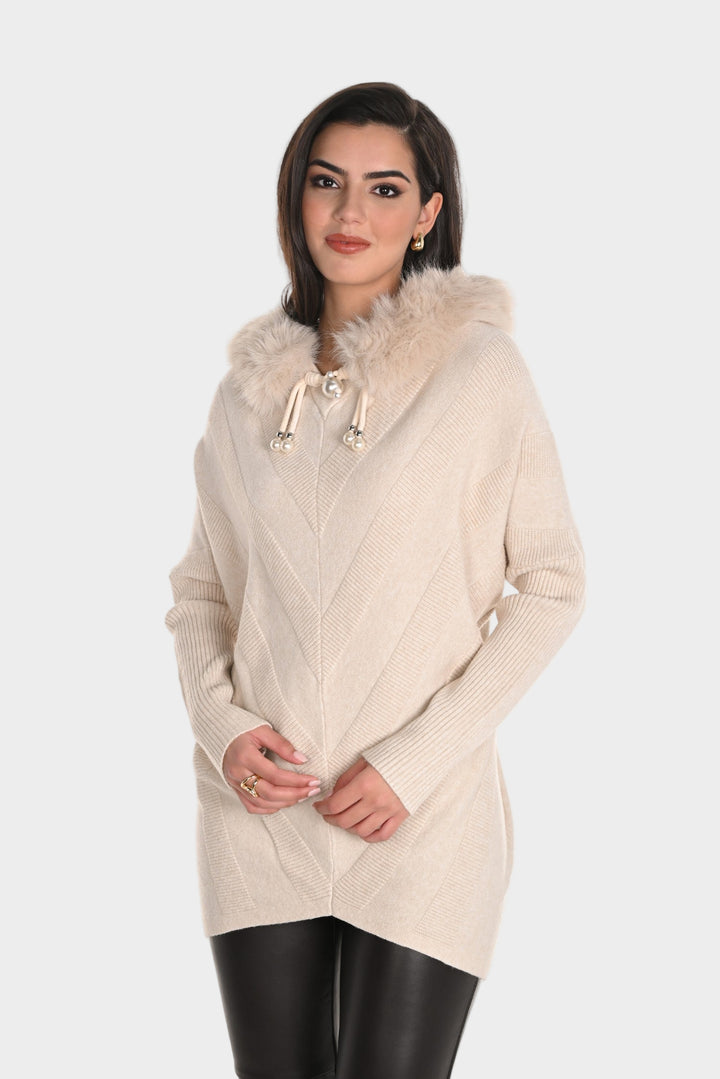 Oatmeal Chevron Faux Fur Hooded Sweater