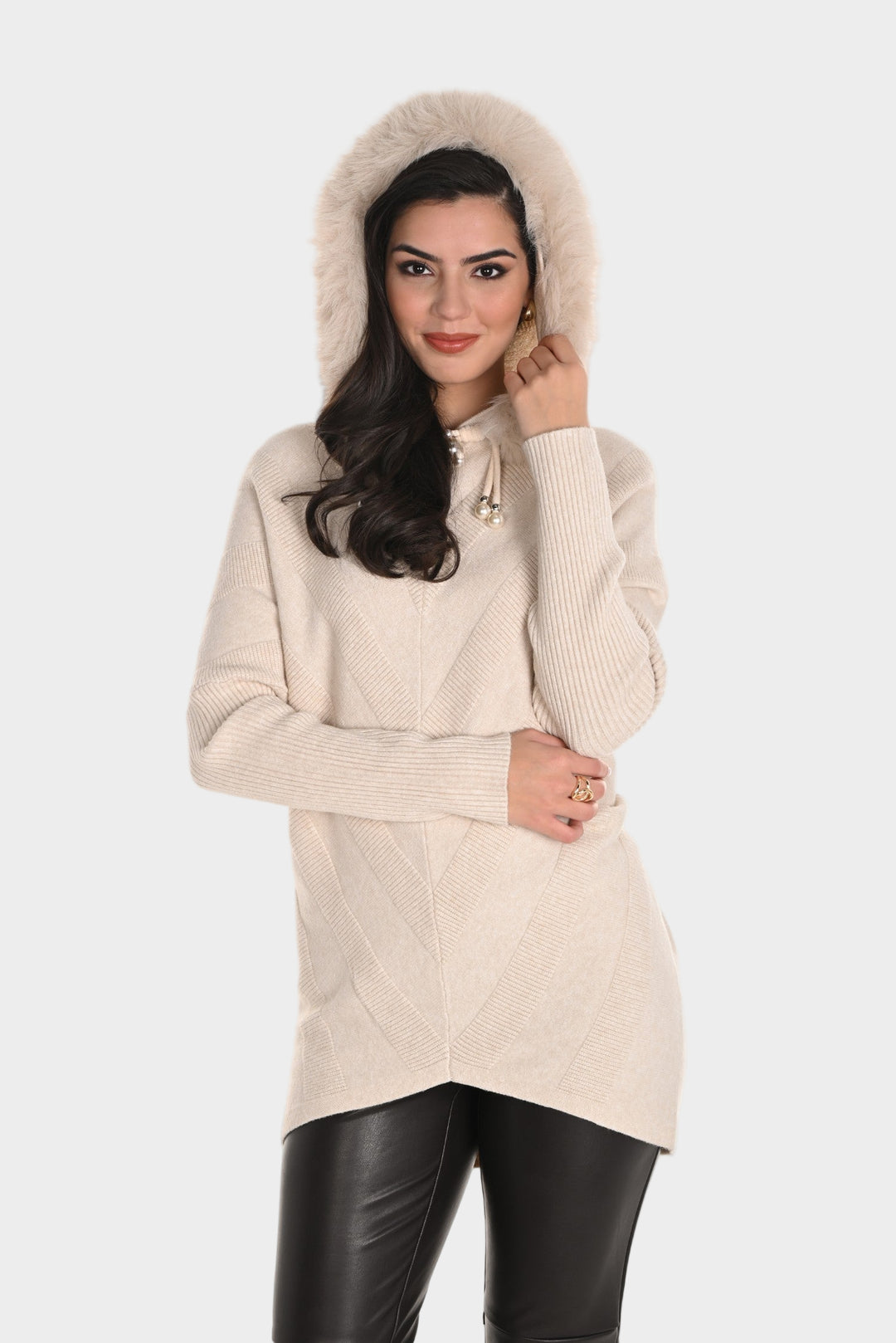 Oatmeal Chevron Faux Fur Hooded Sweater