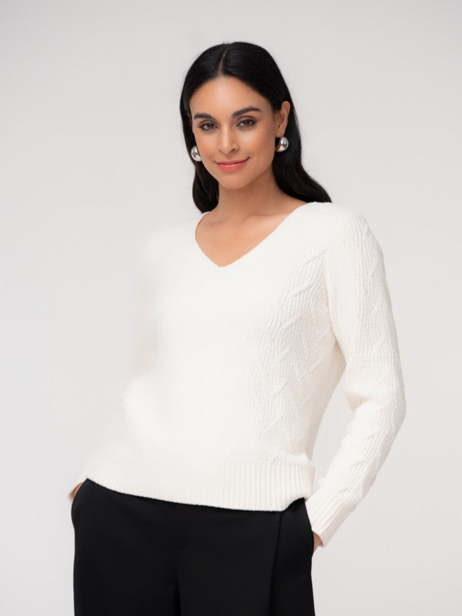 Off White Chenille Cable V-Neck Sweater