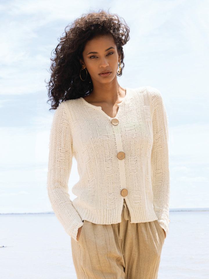 Off White Wood Button Detail Notch Neck Sweater