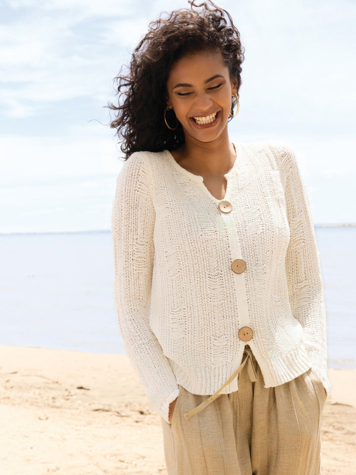 Off White Wood Button Detail Notch Neck Sweater