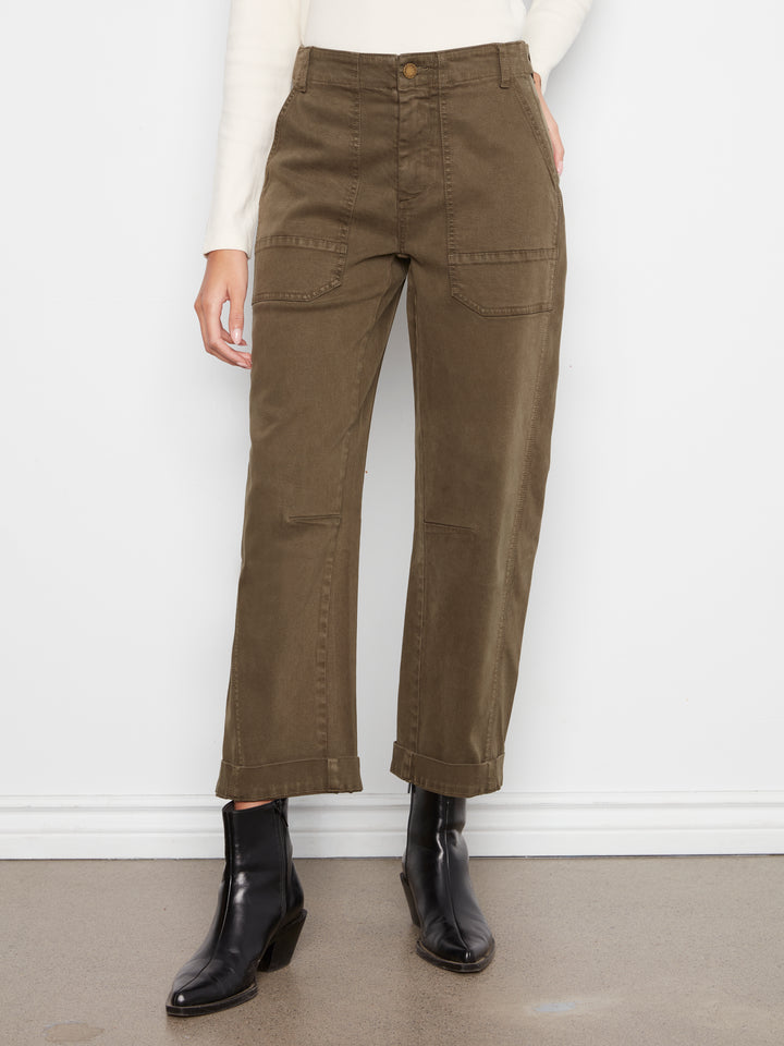 Olive Barrel Leg Cuffed Twill Pant