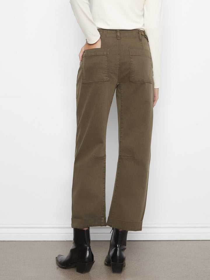 Olive Barrel Leg Cuffed Twill Pant