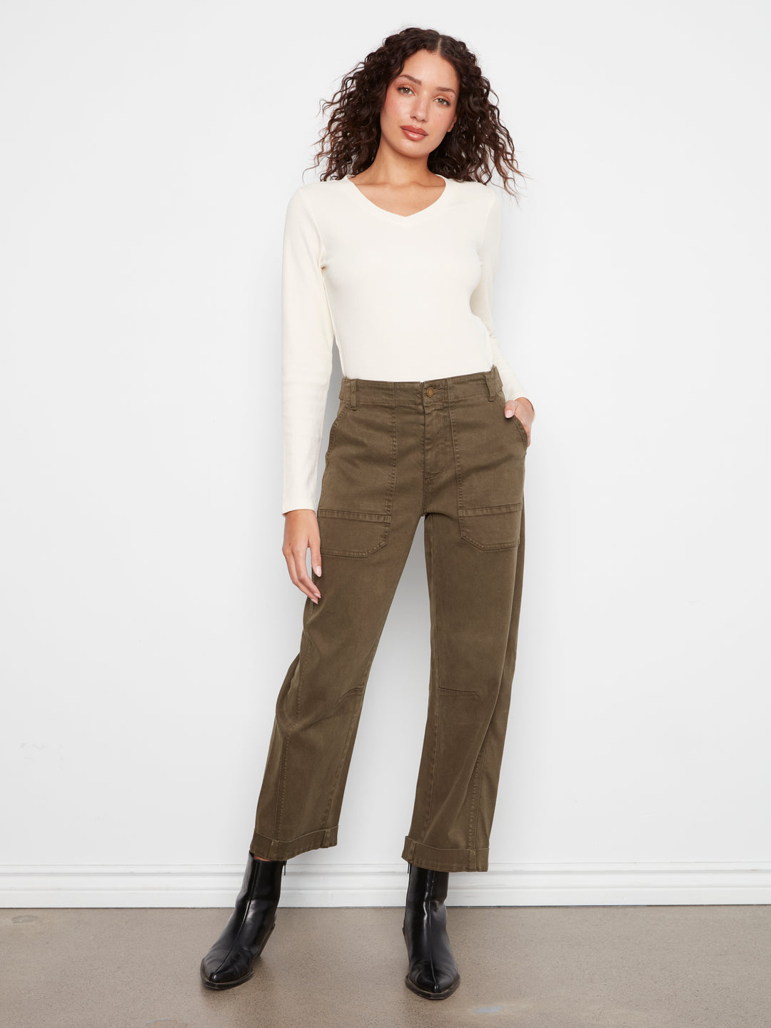 Olive Barrel Leg Cuffed Twill Pant