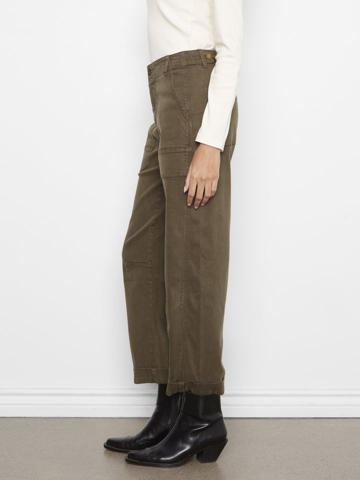 Olive Barrel Leg Cuffed Twill Pant