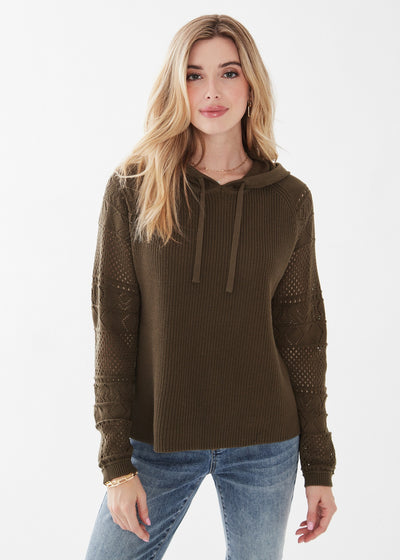 Olive Crochet Sleeve Hoodie Sweater
