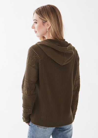 Olive Crochet Sleeve Hoodie Sweater
