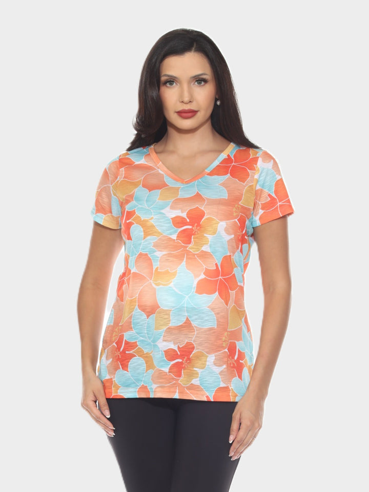 Orange Tropical Print V-Neck Top