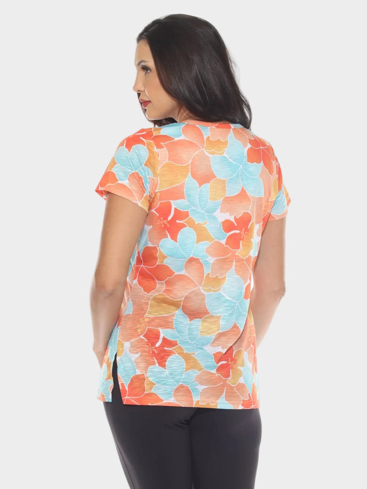 Orange Tropical Print V-Neck Top