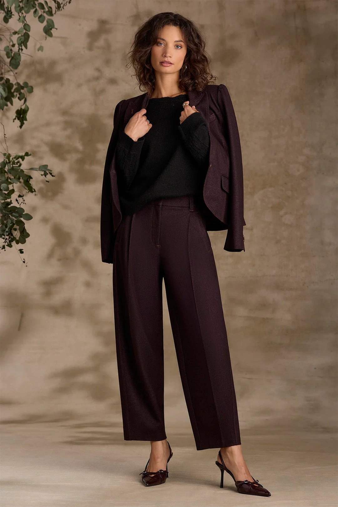 Oxblood Skyrise Relaxed Barrel Leg Pleated Trouser