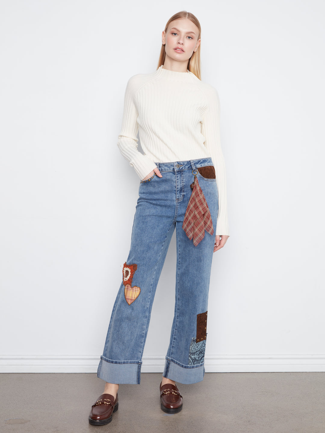 Patches and Studs Cuffed Straight Leg Jean