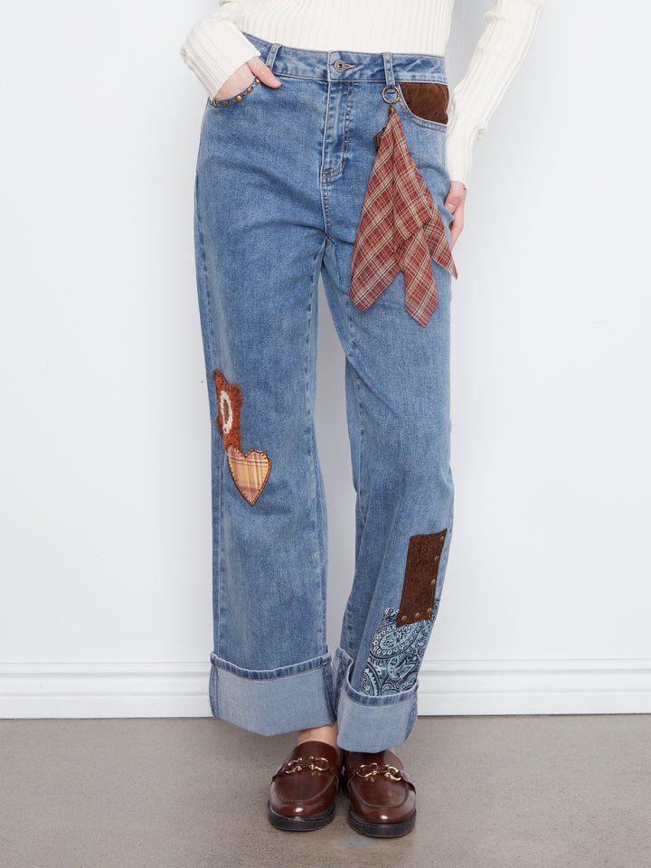 Patches and Studs Cuffed Straight Leg Jean