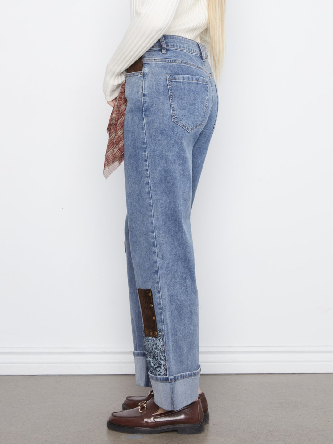 Patches and Studs Cuffed Straight Leg Jean