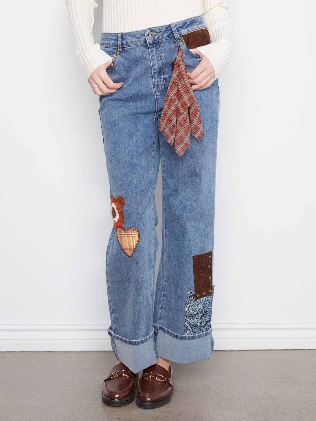 Patches and Studs Cuffed Straight Leg Jean