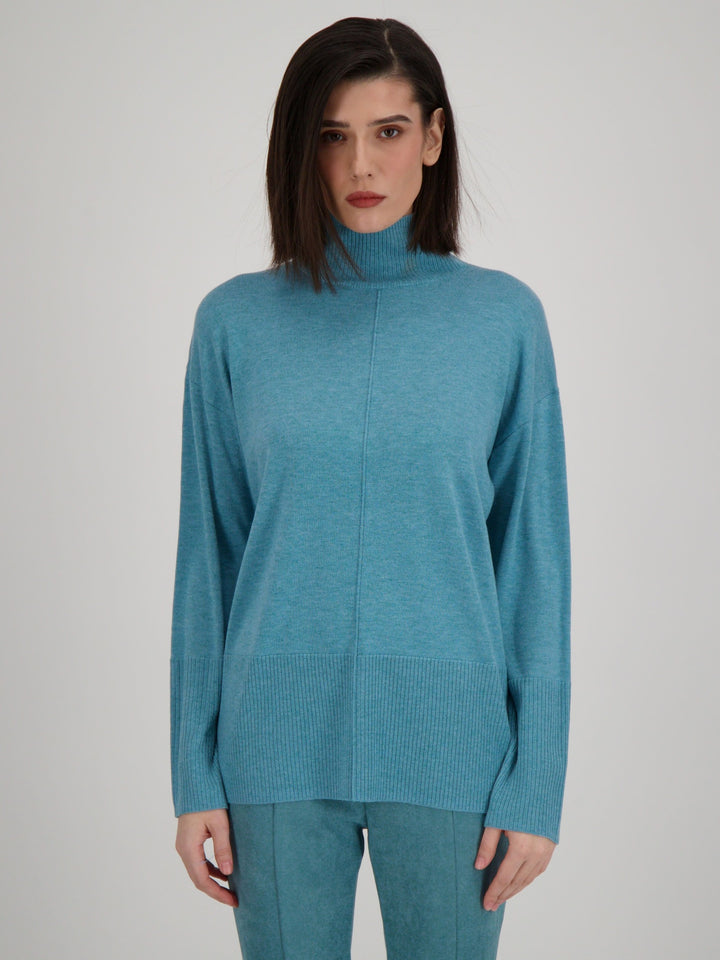 Peacock Mock Neck Ribbed Sweater