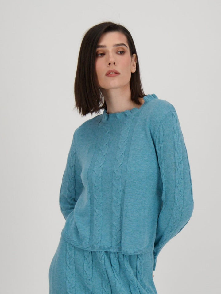 Peacock Ruffle Neck Cable Sweater