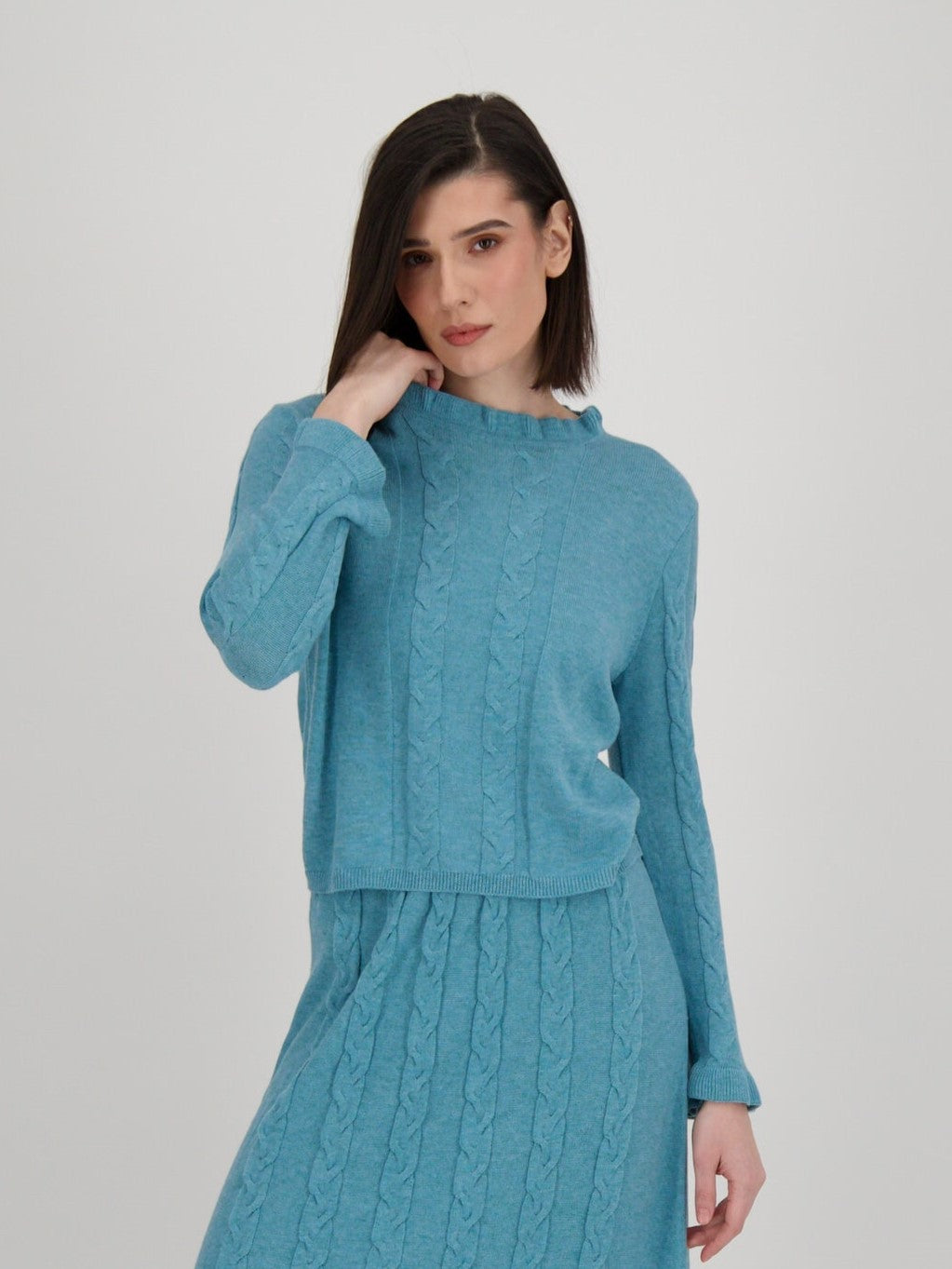 Peacock Ruffle Neck Cable Sweater