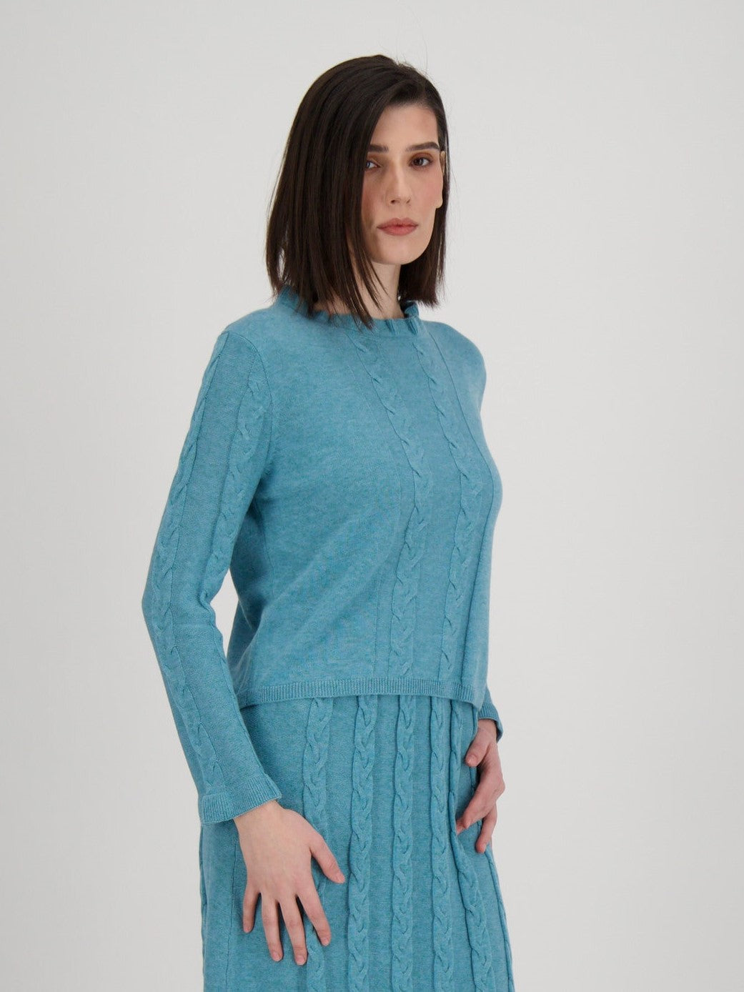 Peacock Ruffle Neck Cable Sweater