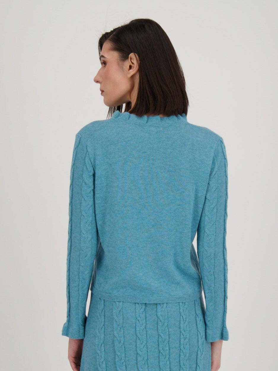 Peacock Ruffle Neck Cable Sweater