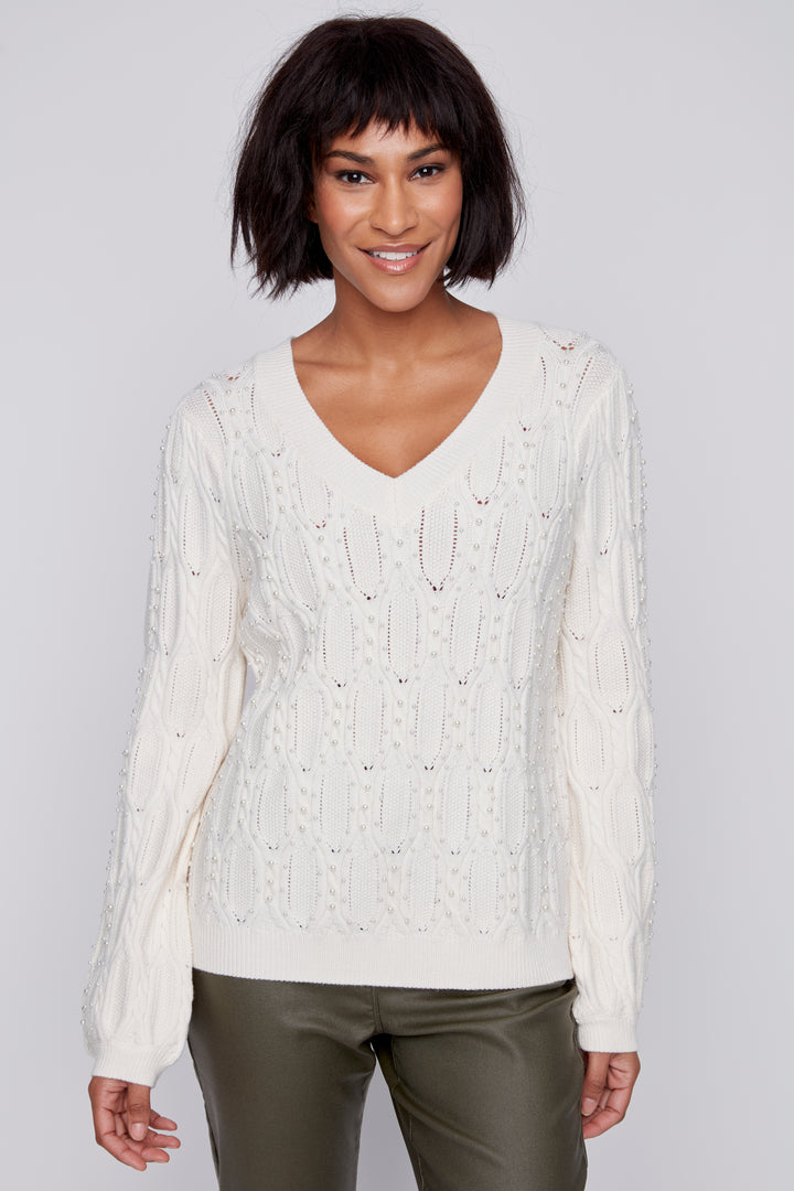 Pearl Embellished Fancy Knit V-Neck Sweater