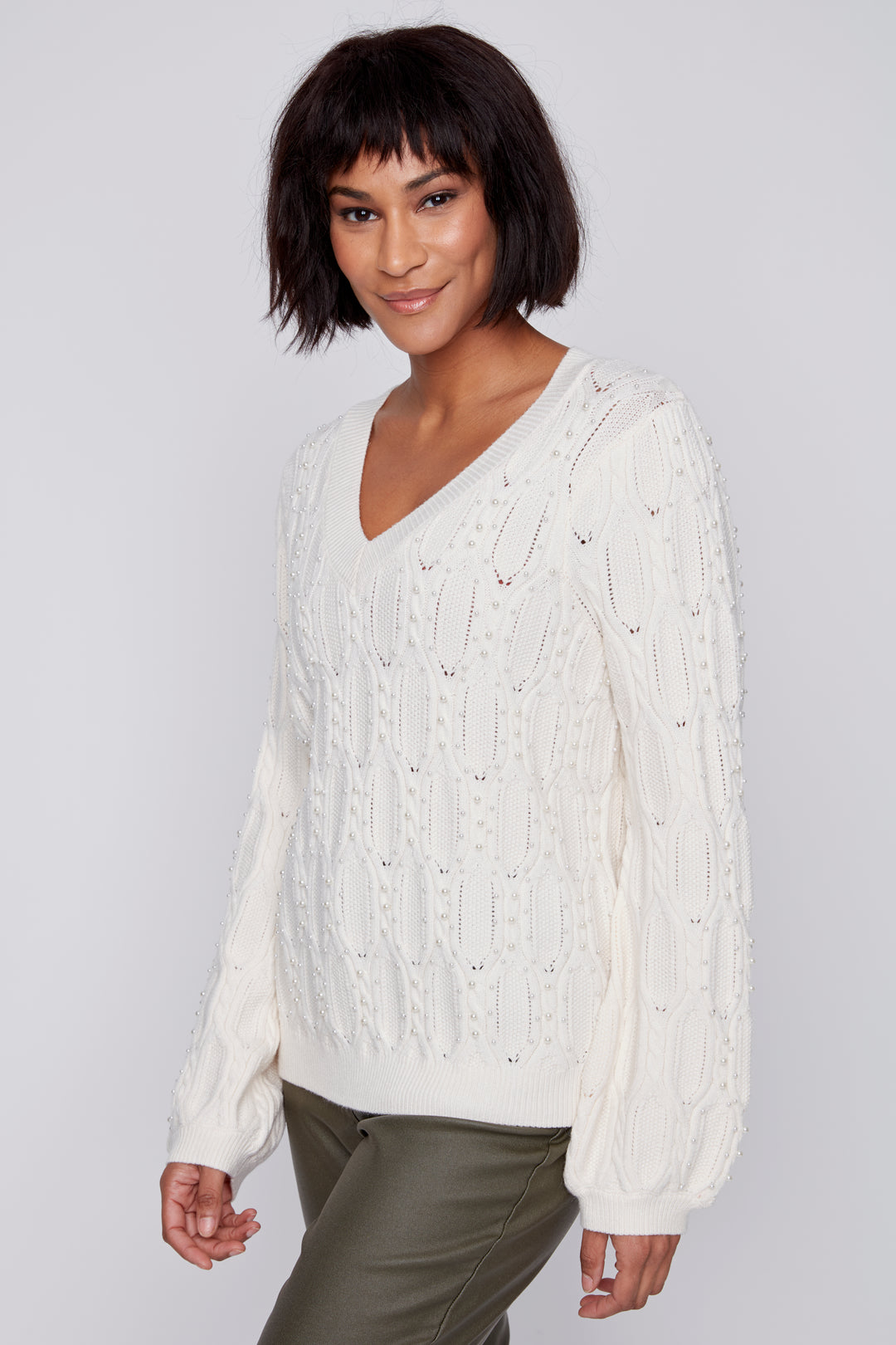 Pearl Embellished Fancy Knit V-Neck Sweater