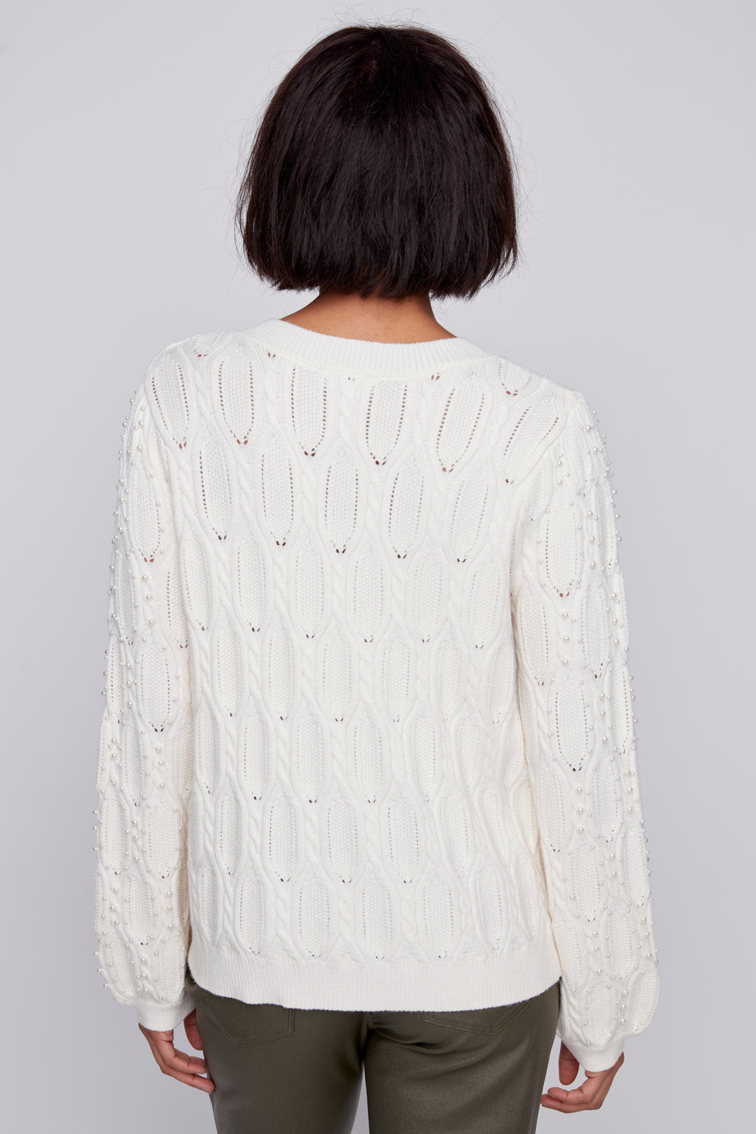 Pearl Embellished Fancy Knit V-Neck Sweater