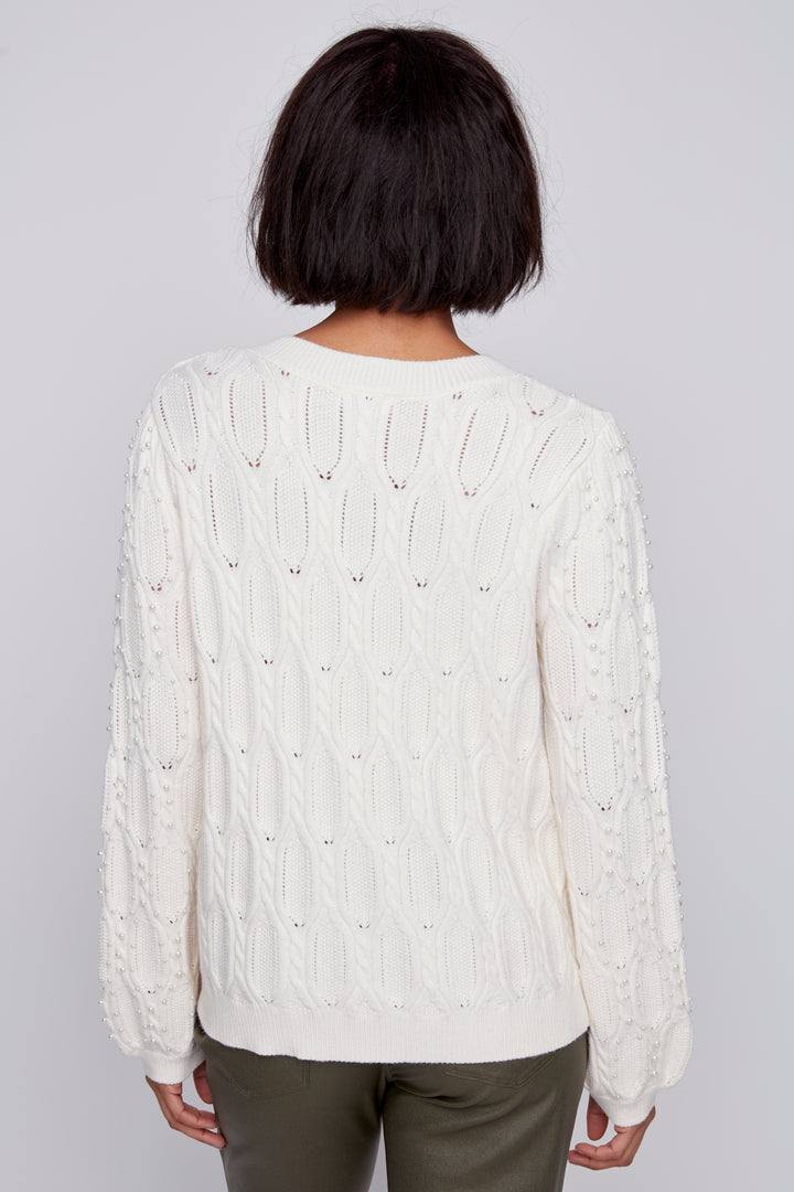 Pearl Embellished Fancy Knit V-Neck Sweater