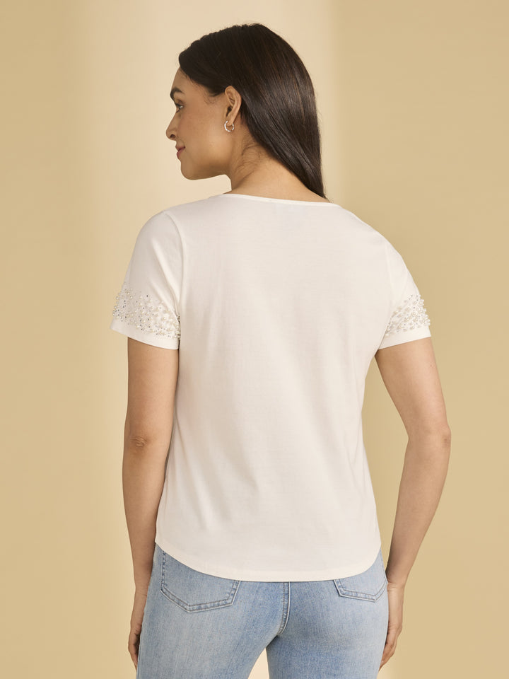 Pearl Sleeve Embellished V-Neck Top