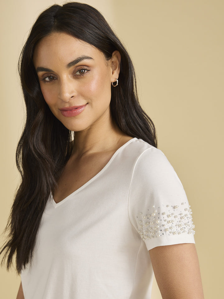 Pearl Sleeve Embellished V-Neck Top