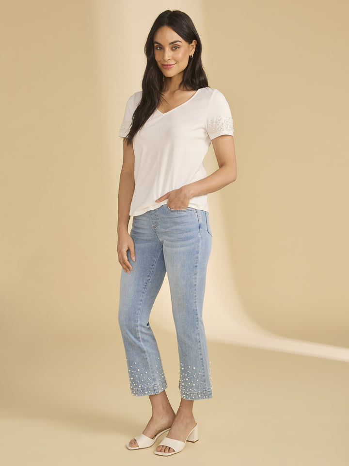 Pearl Sleeve Embellished V-Neck Top