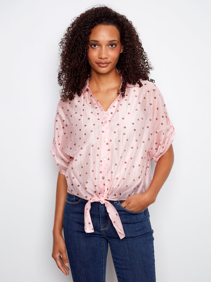 Peony Dot Print Tie Front Blouse