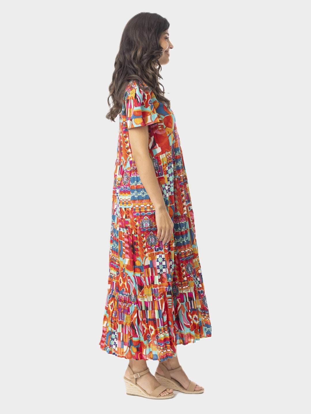 Peru Print Square Neck Crinkle Dress