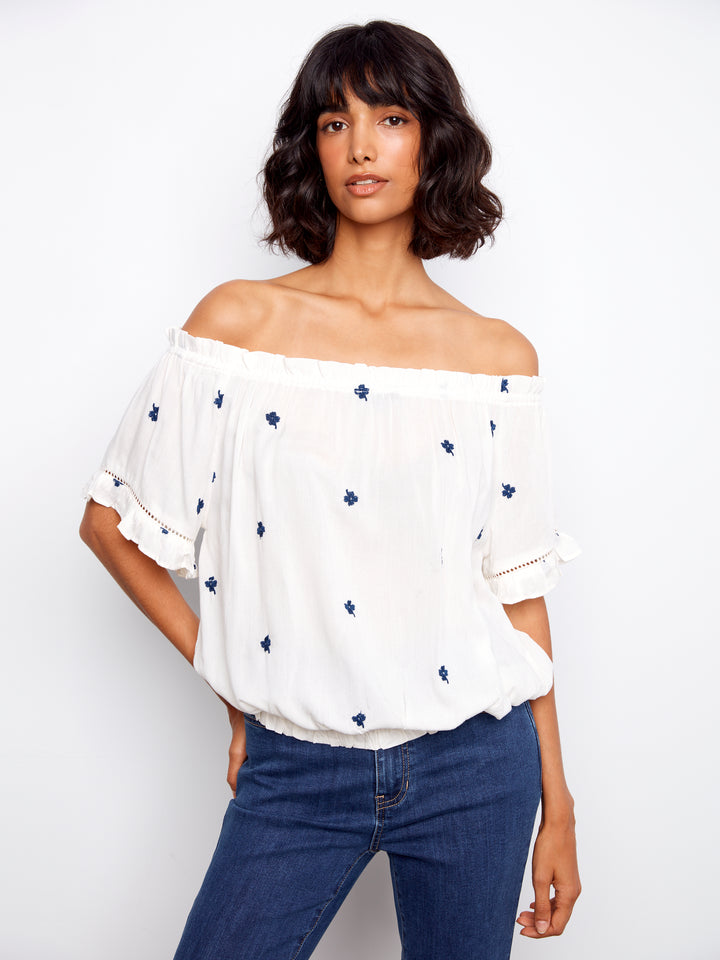 Petite Flower Embroidered Off Shoulder Blouse