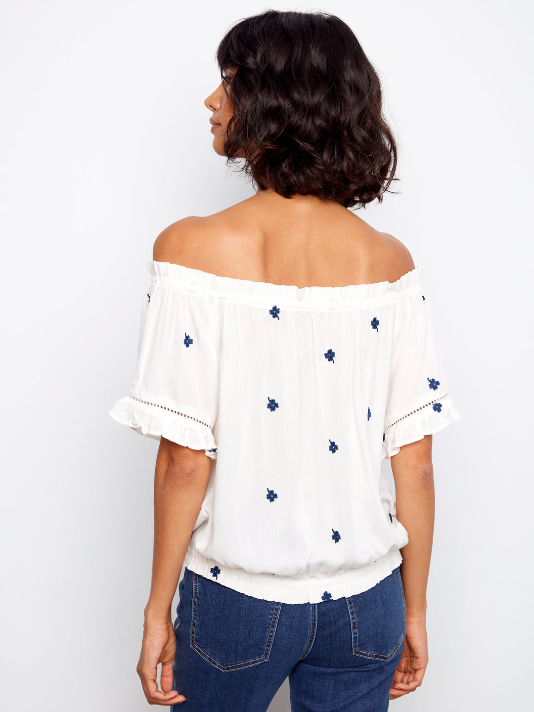 Petite Flower Embroidered Off Shoulder Blouse