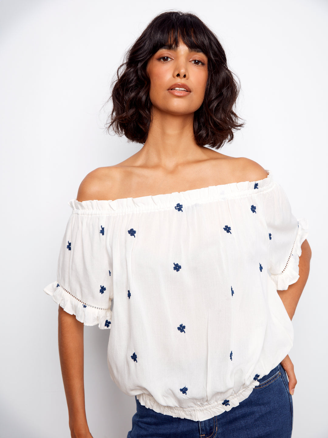 Petite Flower Embroidered Off Shoulder Blouse