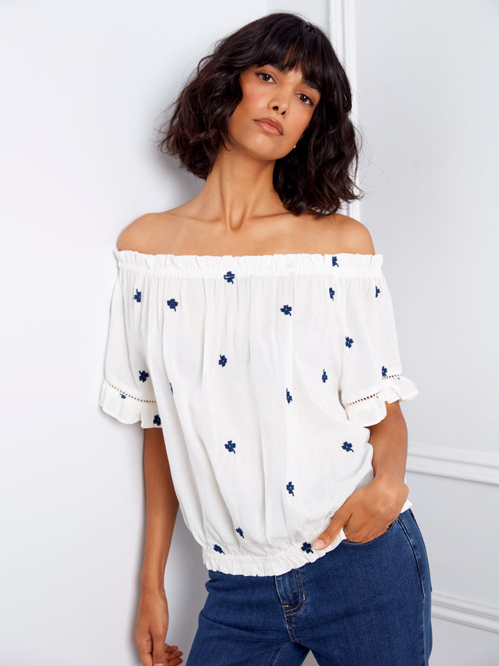 Petite Flower Embroidered Off Shoulder Blouse