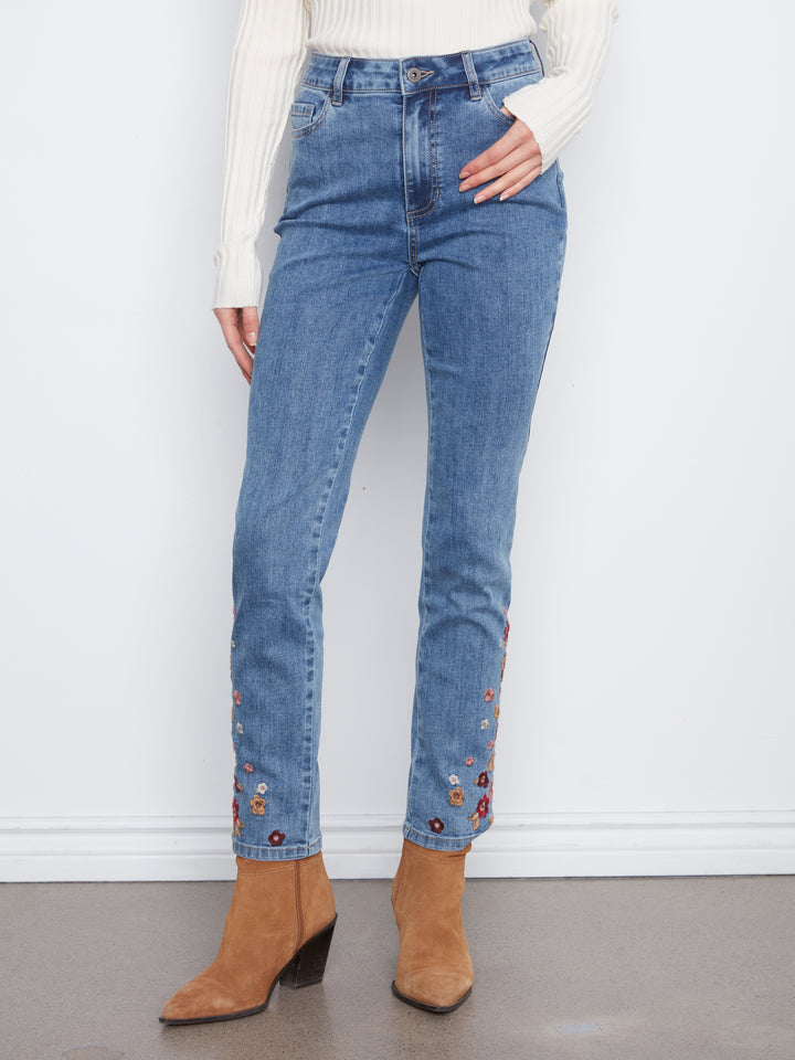 Petite Flower Embroidered Slim Leg Jean