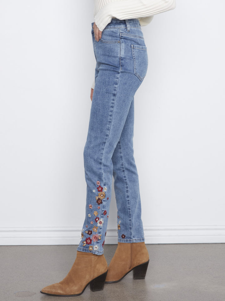 Petite Flower Embroidered Slim Leg Jean