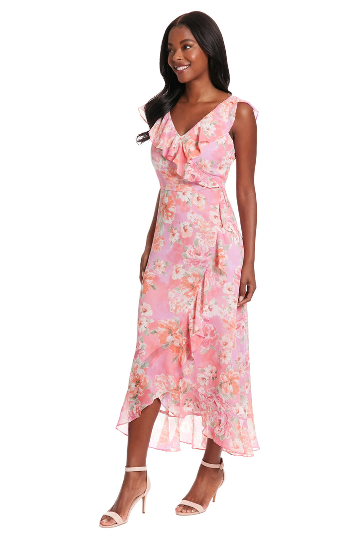 Pink Floral Cascading Ruffle Dress