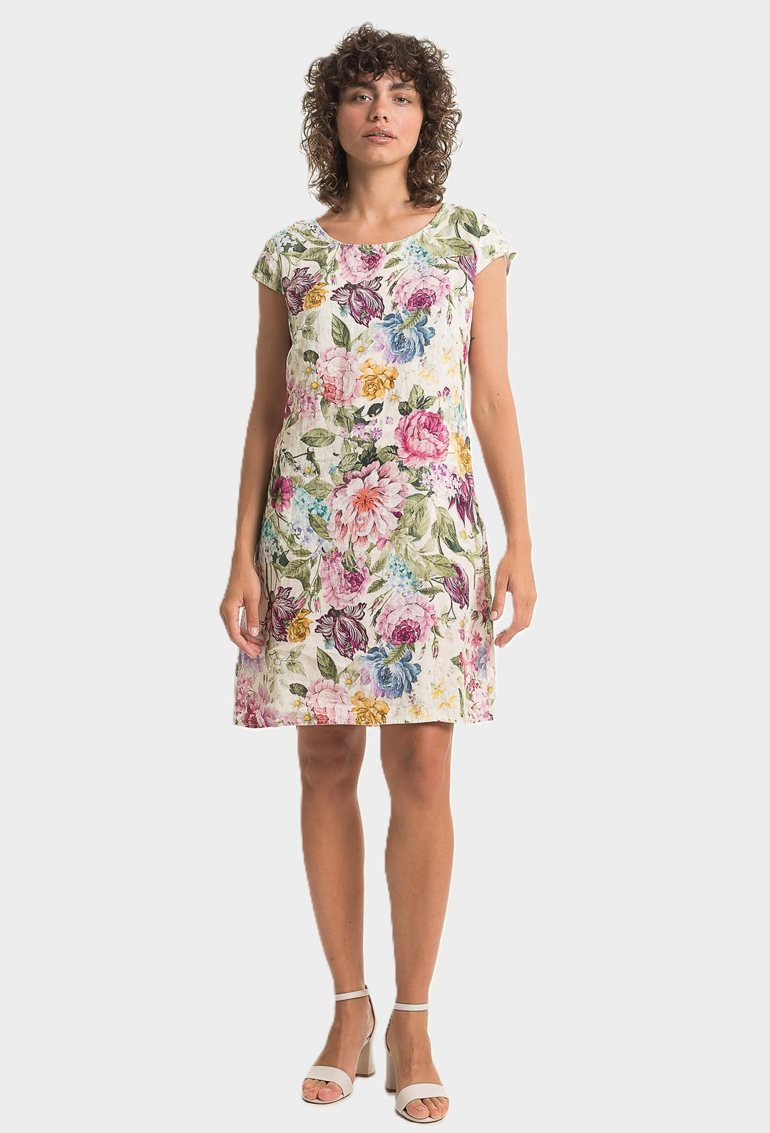 Pink Floral Print Cap Sleeve Linen Dress