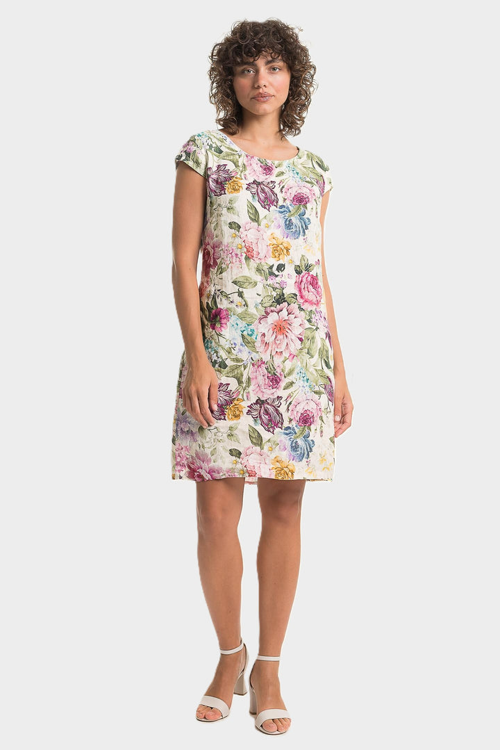 Pink Floral Print Cap Sleeve Linen Dress
