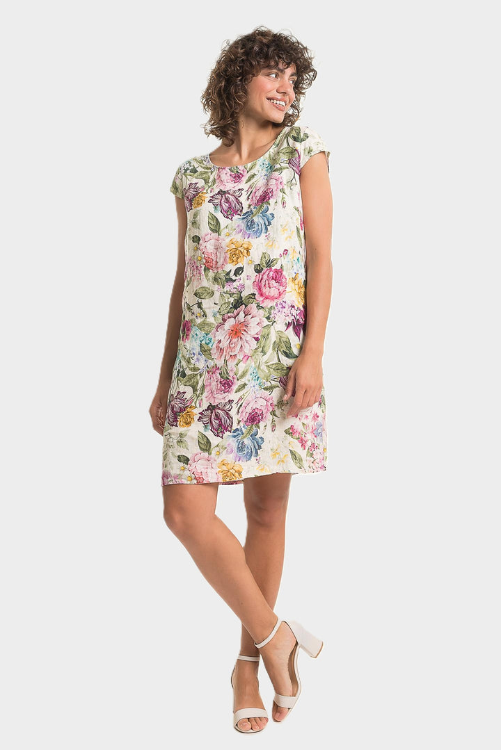 Pink Floral Print Cap Sleeve Linen Dress