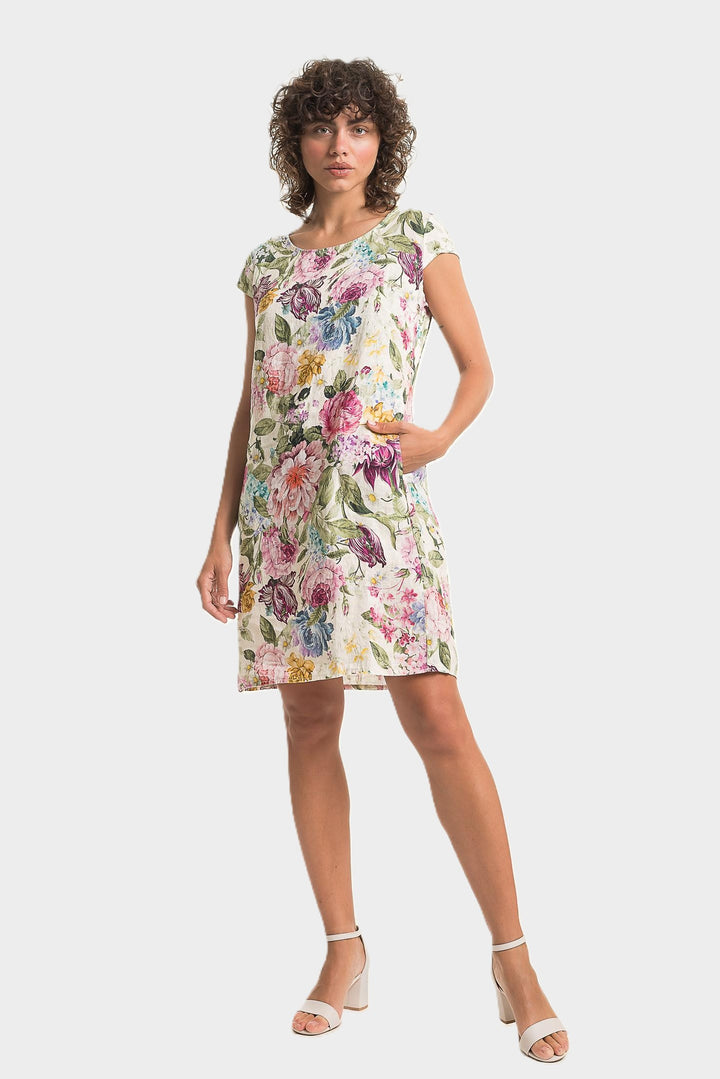 Pink Floral Print Cap Sleeve Linen Dress