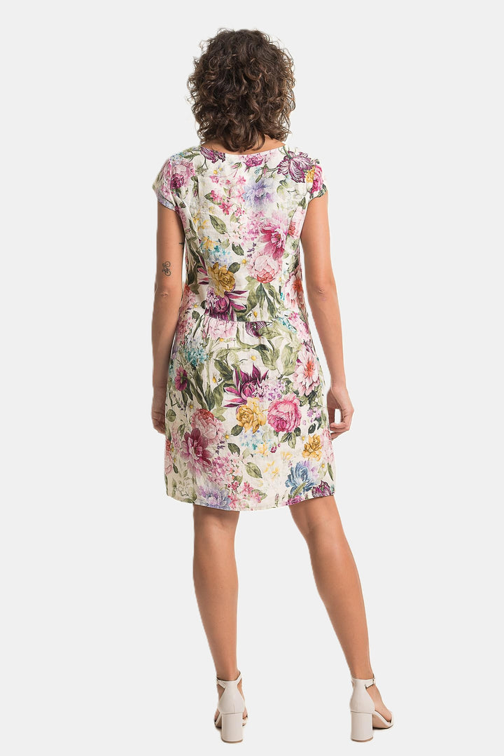 Pink Floral Print Cap Sleeve Linen Dress