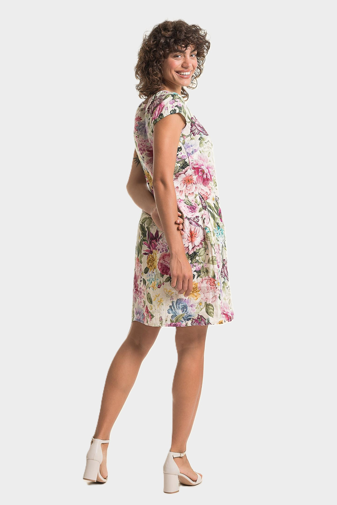 Pink Floral Print Cap Sleeve Linen Dress