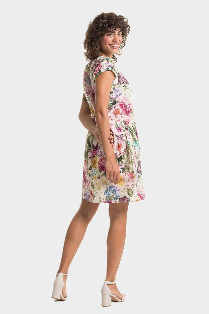Pink Floral Print Cap Sleeve Linen Dress