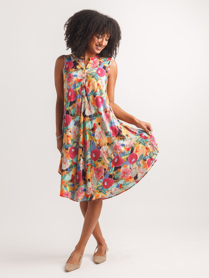 Pink Floral Print Notch Neck Dress