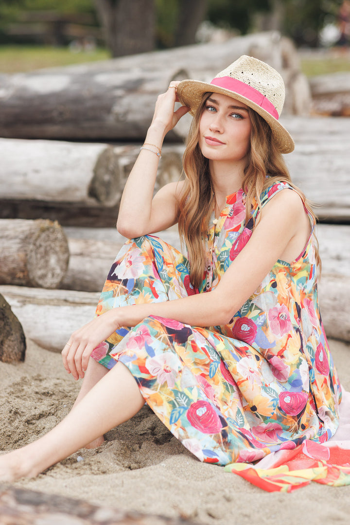 Pink Floral Print Notch Neck Dress