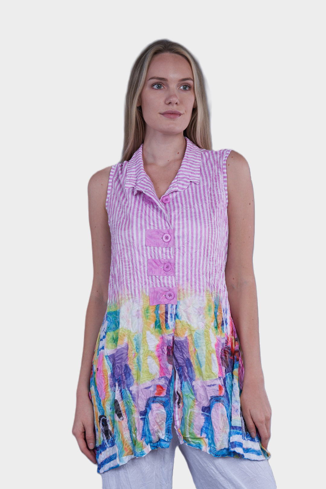 Pink Stripe Crinkled Four Button Sleeveless Top