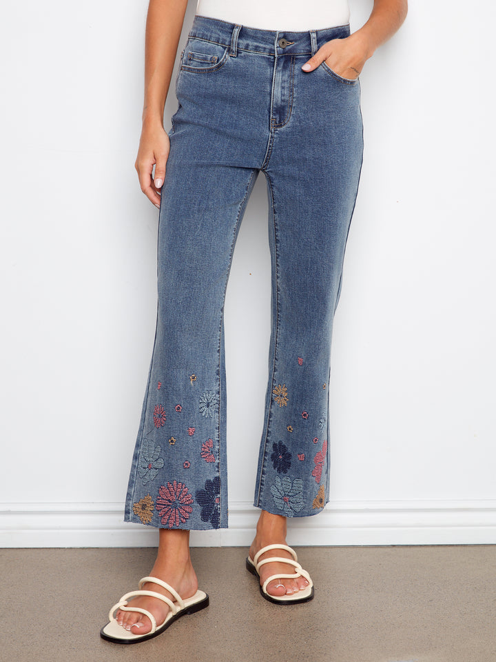 Pixilated Flower Embroidered Hem Straight Leg Jean
